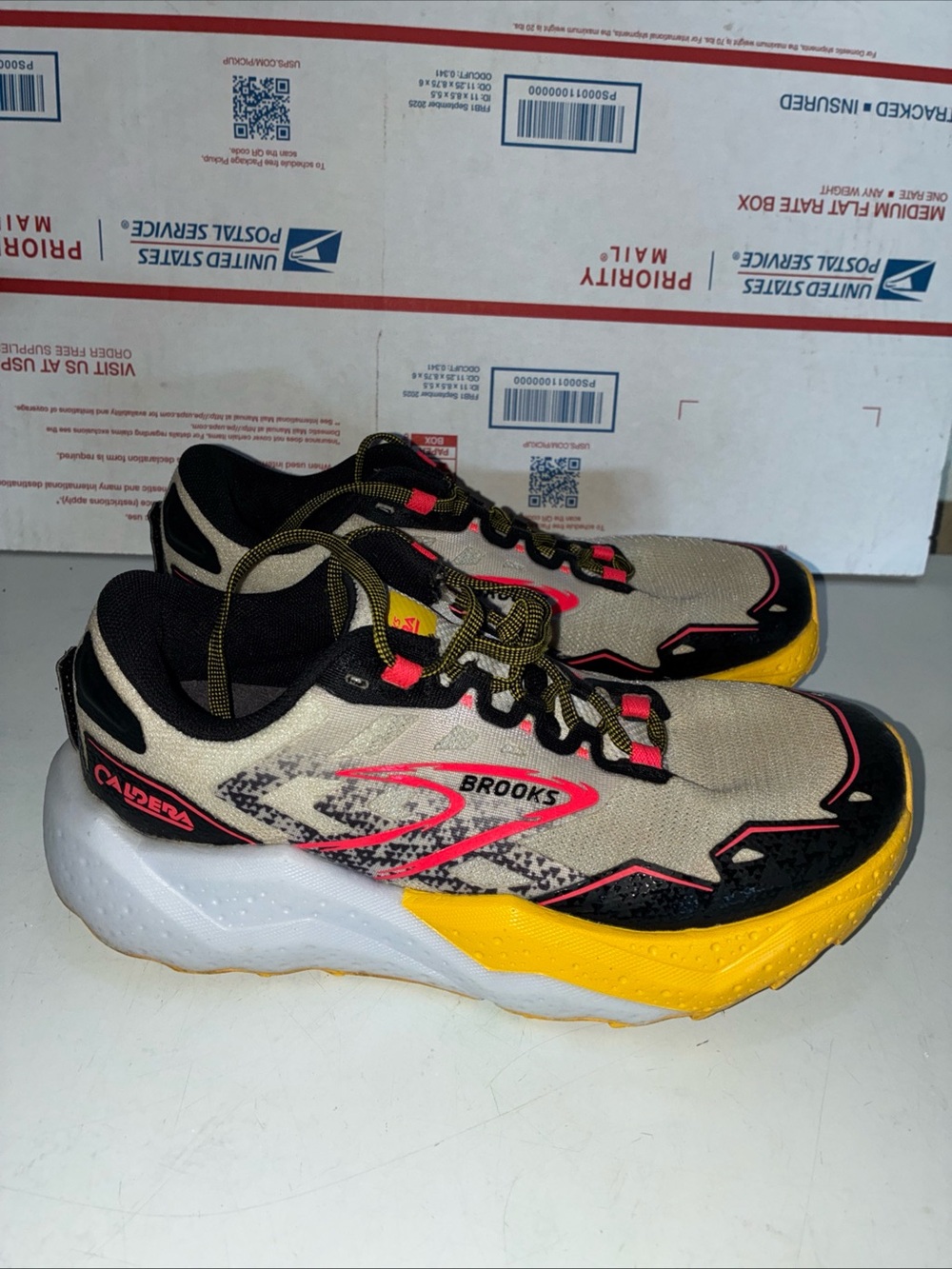 Brooks Women’s Caldera Running Shoes - Beige, Yellow & Black with Pink Accents